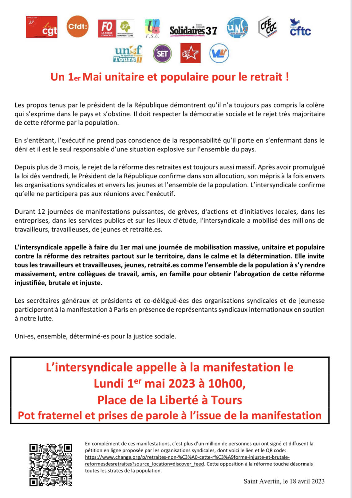 1er mai 2023 tract unitaire UD CGT 37
