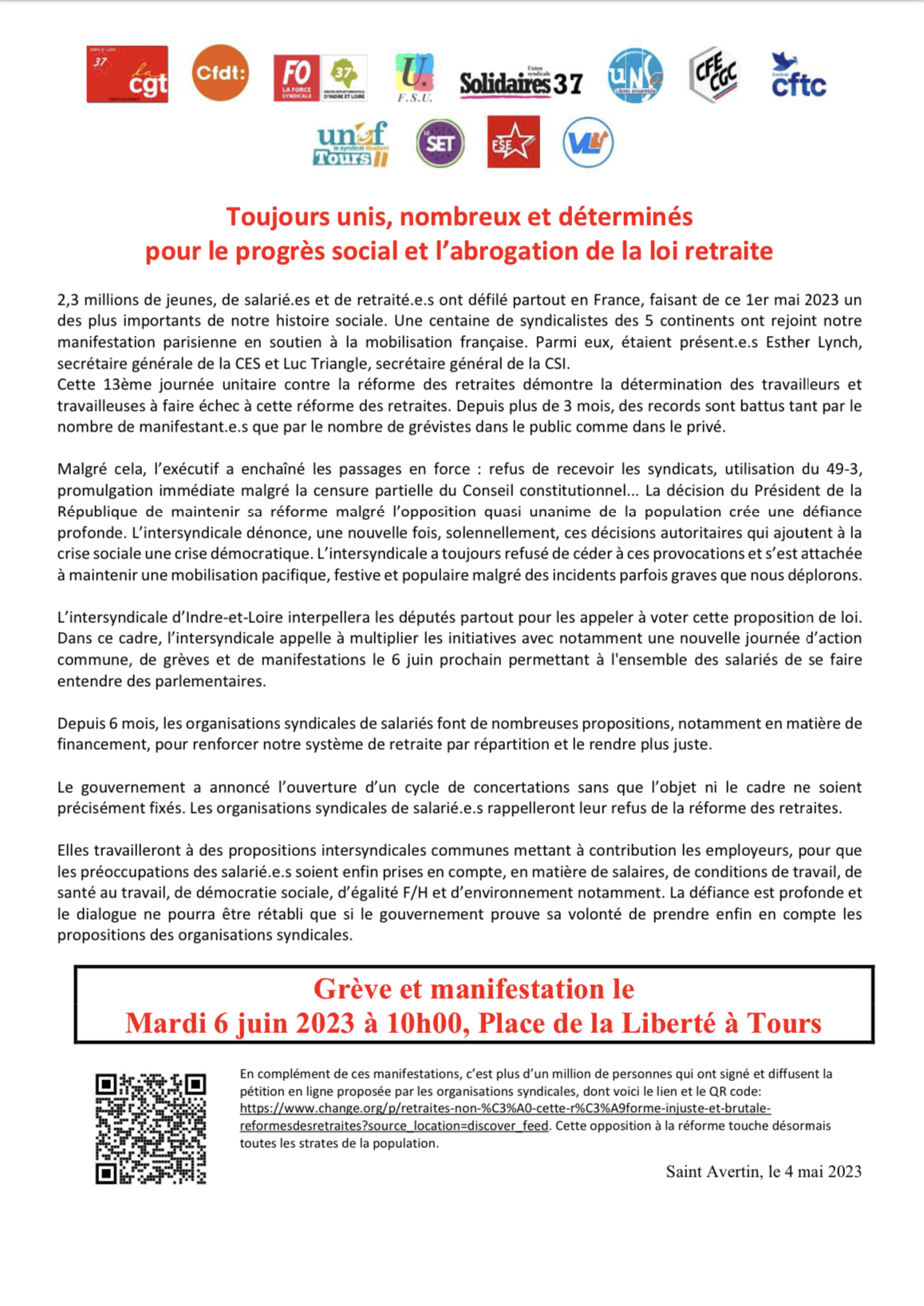 tract intersyndicale 37 6 juin 2023