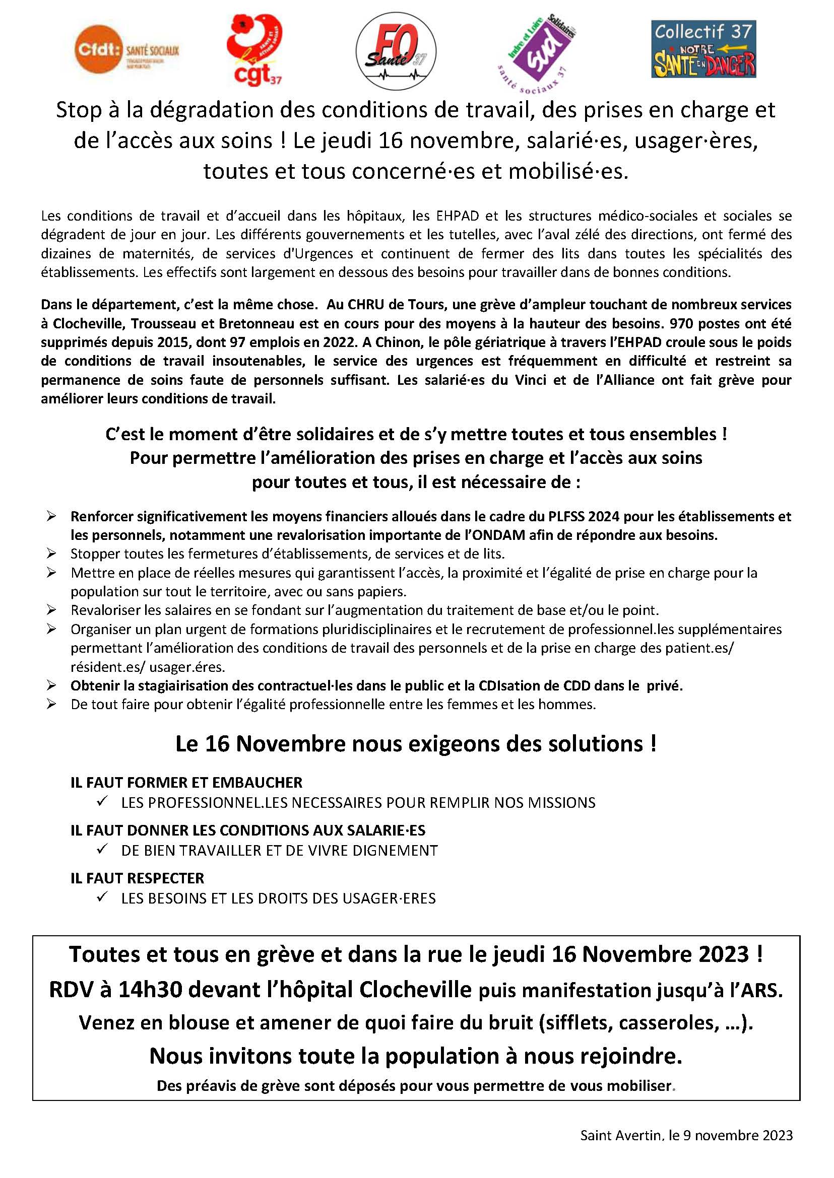 action du 16 novembre 2023 Santé Action sociale CGT CHRU de Tourss