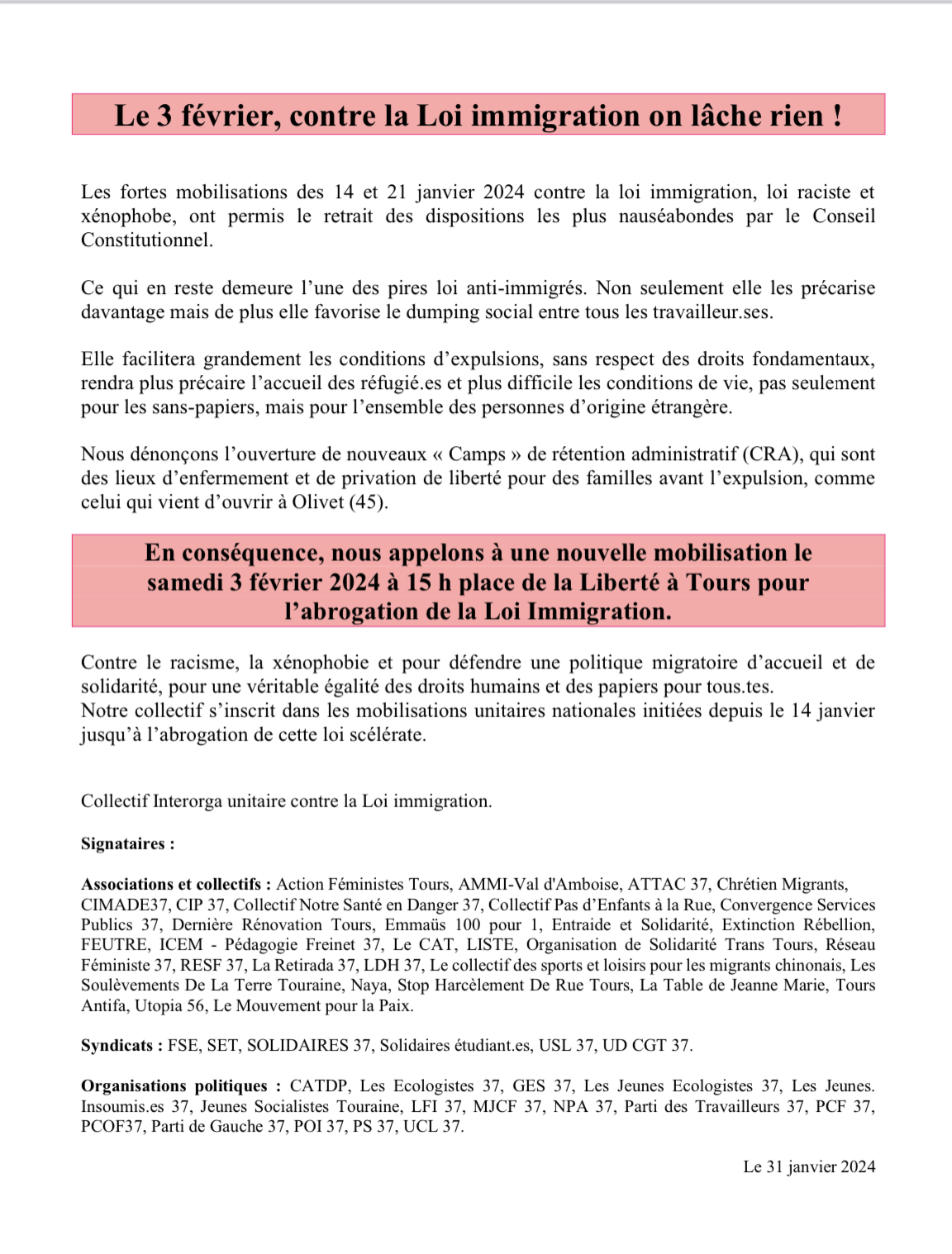 contre la loi immigration 3 février 2024 UD CGT 37