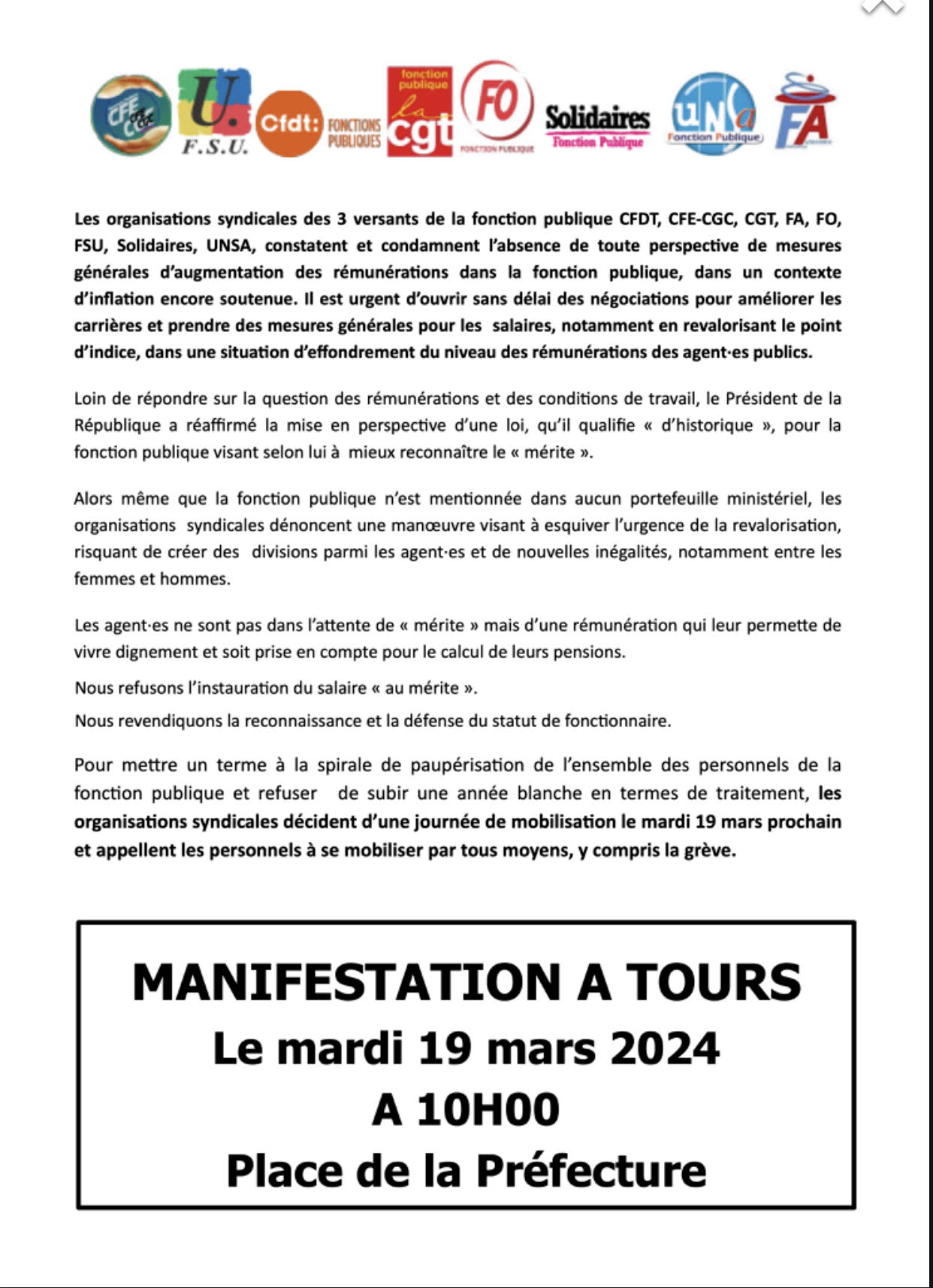 action 19 mars 2024 Fonction publique UD CGT 37