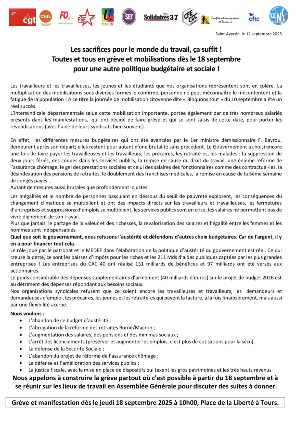 action 18 septembre tract intersyndical 37