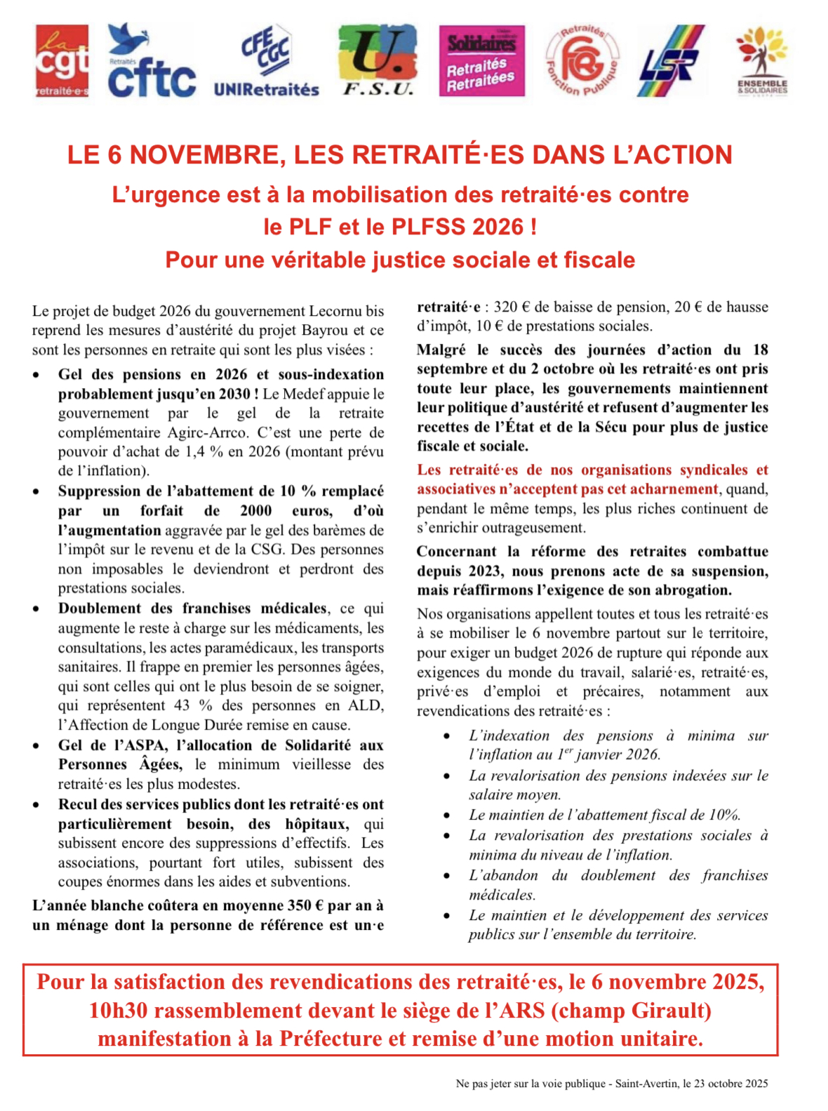action 6 novembre 2025 tract intersyndical 37